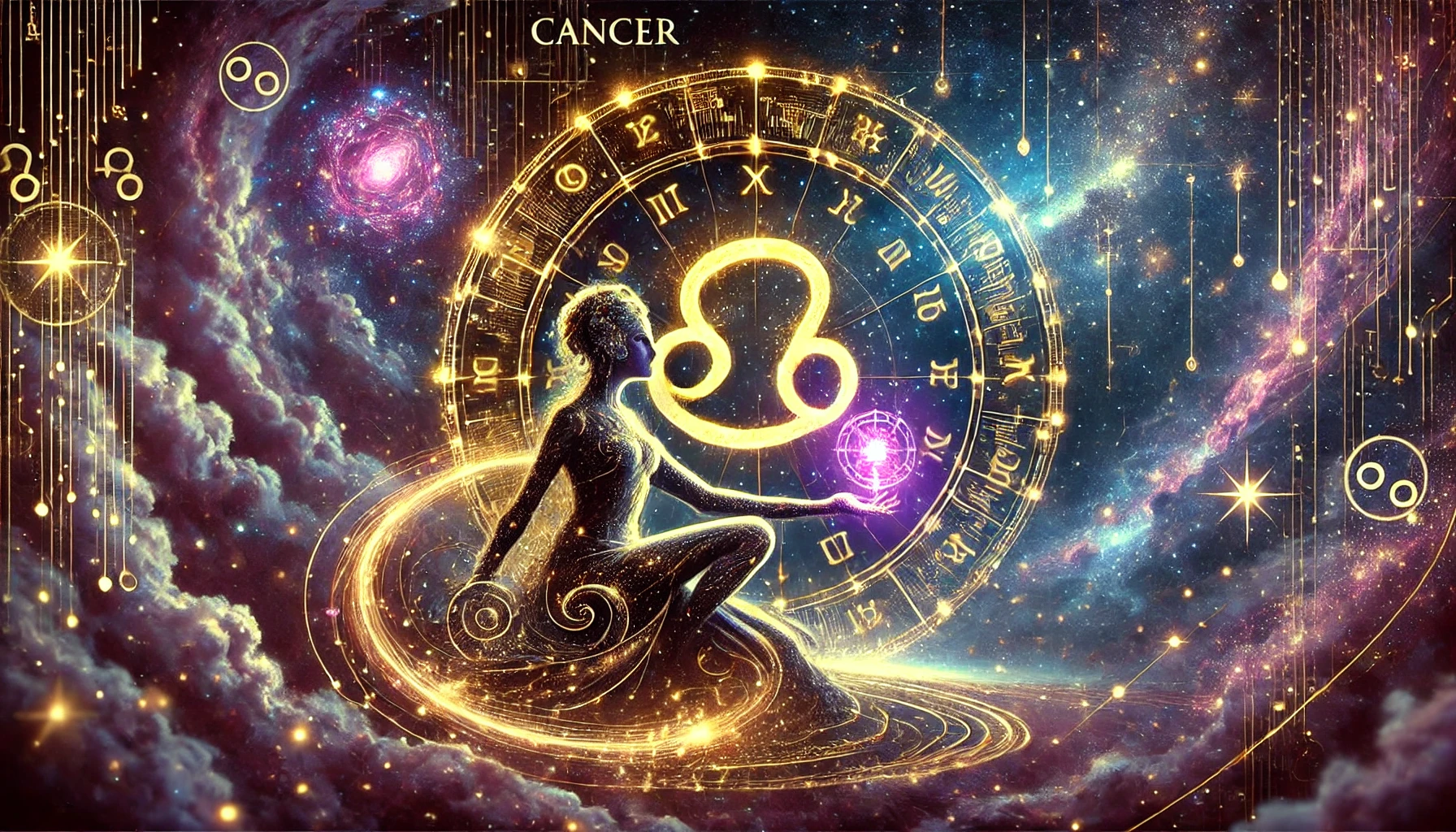A cosmic and mystical digital artwork featuring Cancer as the central zodiac sign, illuminated by glowing constellations, swirling galaxies, and a futuristic holographic astrological chart. The Cancer symbol is prominently displayed, representing intuition, emotional depth, and protection. The background blends deep purples, blues, and cosmic gold, enhancing the celestial and astrological theme. This Cancer-themed horoscope image reflects the sign's nurturing nature, sensitivity, and strong connection to emotions and the moon, aligning with its astrological influences.